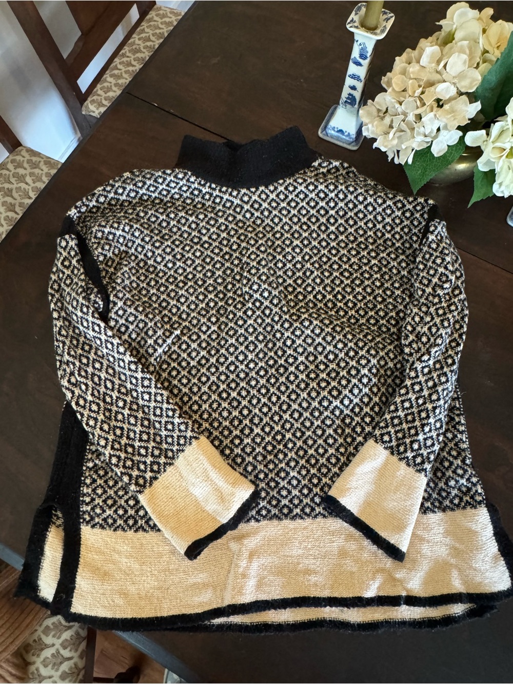 J. Jill Black and Cream Geometric Knit Pullover